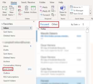 Screenshot of Outlook inbox highlighting tabs and junk folder